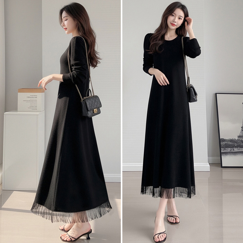 2026 Spring and Summer New Style Black Long-Sleeved A-Line Dress for Women with Tassel Edges and Waist Slimming Effect, Long Dress for Tall People 175cm Tall
