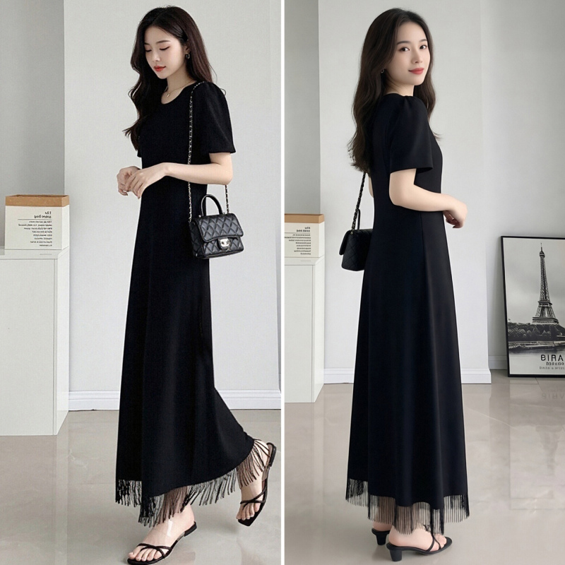 2026 Summer Slim Fit Dress for Women, Short Sleeve, Tassel Hem, Extra Long A-Line Dress, Slimming and Tummy-Concealing, Casual 2026 Summer Slim Fit Dress for Women, Short Sleeve, Tassel Hem, Extra Long A-Line Dress, Slimming and Tummy-Concealing, Casual