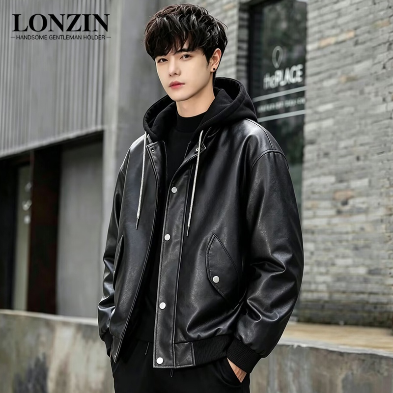 Hooded Casual Leather Jacket for Men, Large Size, Loose Fit, Trendy and Stylish, Faux Two-Piece Coat, Men's Spring and Autumn Thin Hooded Leather Jacket Hooded Casual Leather Jacket for Men, Large Size, Loose Fit, Trendy and Stylish, Faux Two-Piece Coat, Men's Spring and Autumn Thin Hooded Leather Jacket
