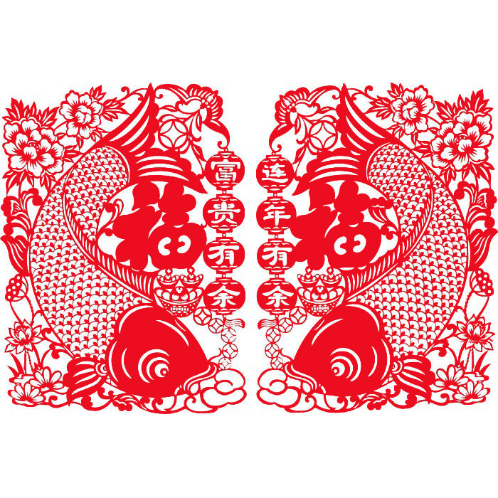 Cartoon flocking hollow golden boy and jade girl on the fish blessing word balcony living room glass doors and windows Paper-cut window grilles New Year stickers