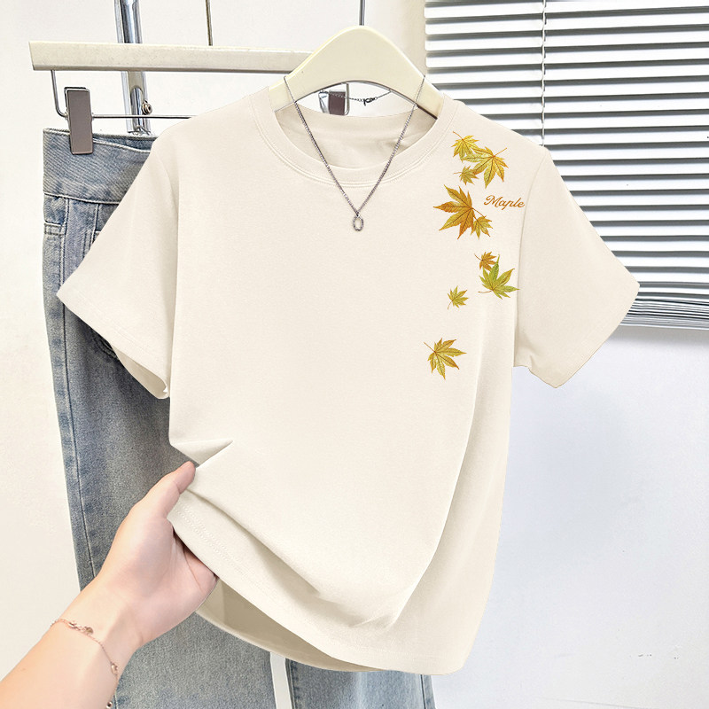 杏色纯棉100%气质减龄大码显瘦圆领t恤女士薄款洋气短袖时尚上衣