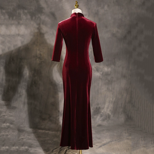 Бордовое бархатное ципао, ретро длинный лонгслив, свадебное платье для матери