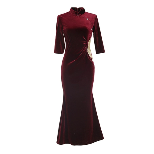 Бордовое бархатное ципао, ретро длинный лонгслив, свадебное платье для матери