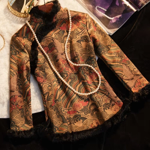 Зимнее ципао, ретро утепленный лонгслив, короткая куртка, китайский стиль