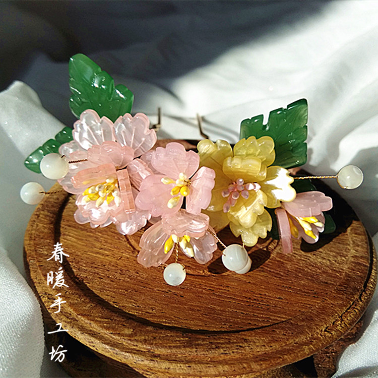 Spring warm hand workshop powder peony hair paste hair clothing daily headdress decoration Chinese wind jewelry