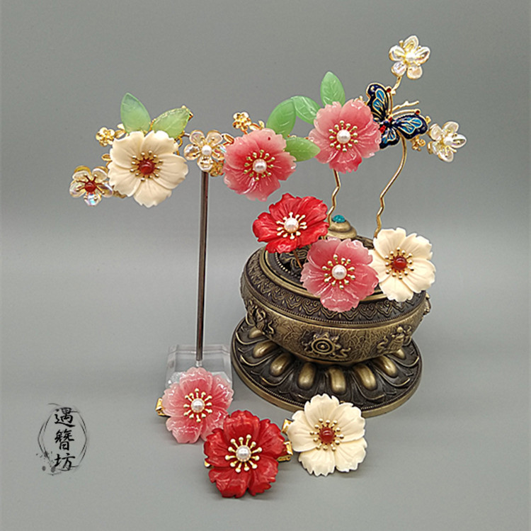 Yuzanfang original flower hairpin burning blue hairpin ancient costume hairpin Hanfu daily hair accessories ancient style cheongsam headdress