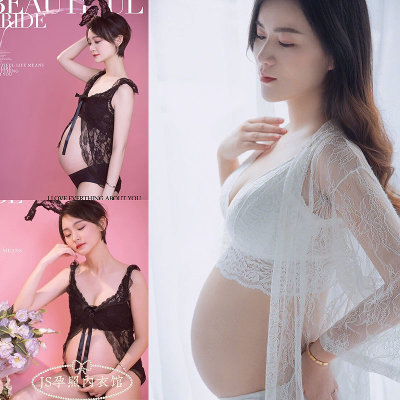 Maternity photo underwear set lace panties black and white expectant mother bandeau bra full set of photo pregnancy photos