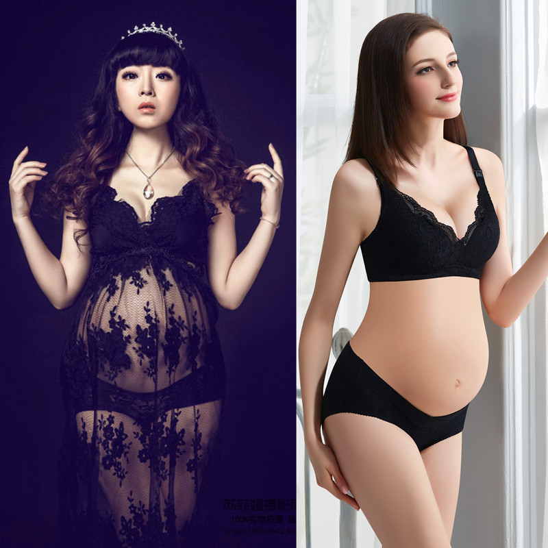 Maternity underwear Pregnancy white lace photo breastfeeding bra gathered with a stylish black nursing underwear set