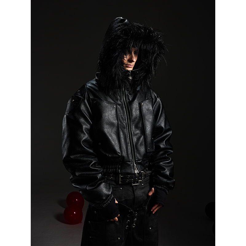 Darkrtpts 25Aw Dark Armor Detachable Fur Collar Thickened Hooded Cotton Jacket Niche Ruched Bomber