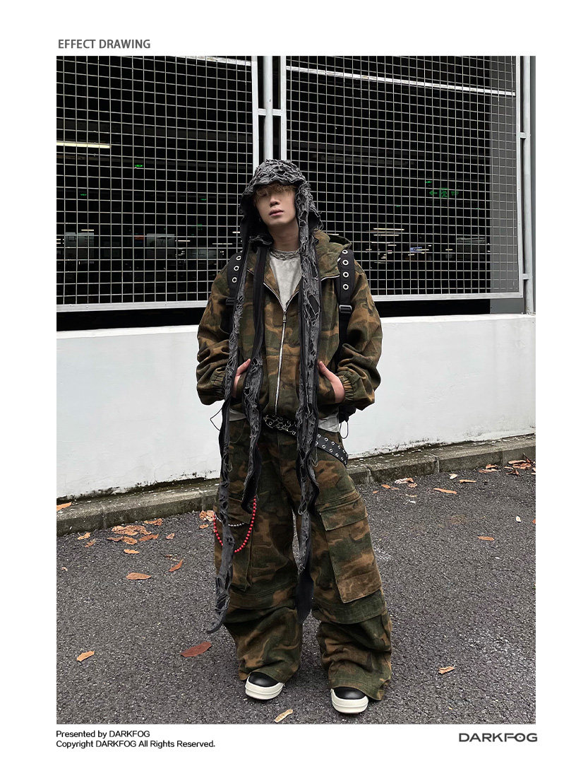 Camouflage Zipper Hooded Jacket & Camouflage Baggy Cargo Pants 