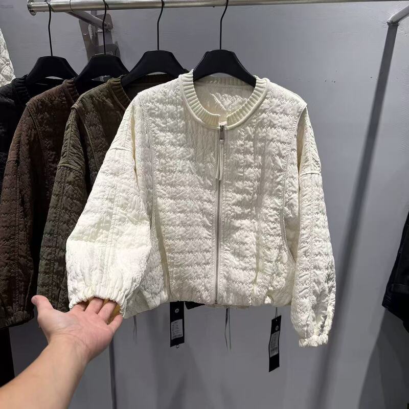 Korean Style Simple Quilted Embossed Jacket for Women, Autumn Round Neck Zipper Loose Slimming Casual Jacket Top
