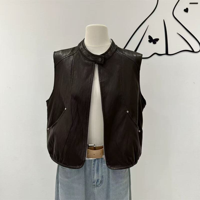 Trendy Leather Vest Short Jacket with Stand Collar and Zipper, Pu Leather Vest, 2026 Autumn New Style Sleeveless Leather Jacket Trendy Leather Vest Short Jacket with Stand Collar and Zipper, Pu Leather Vest, 2026 Autumn New Style Sleeveless Leather Jacket