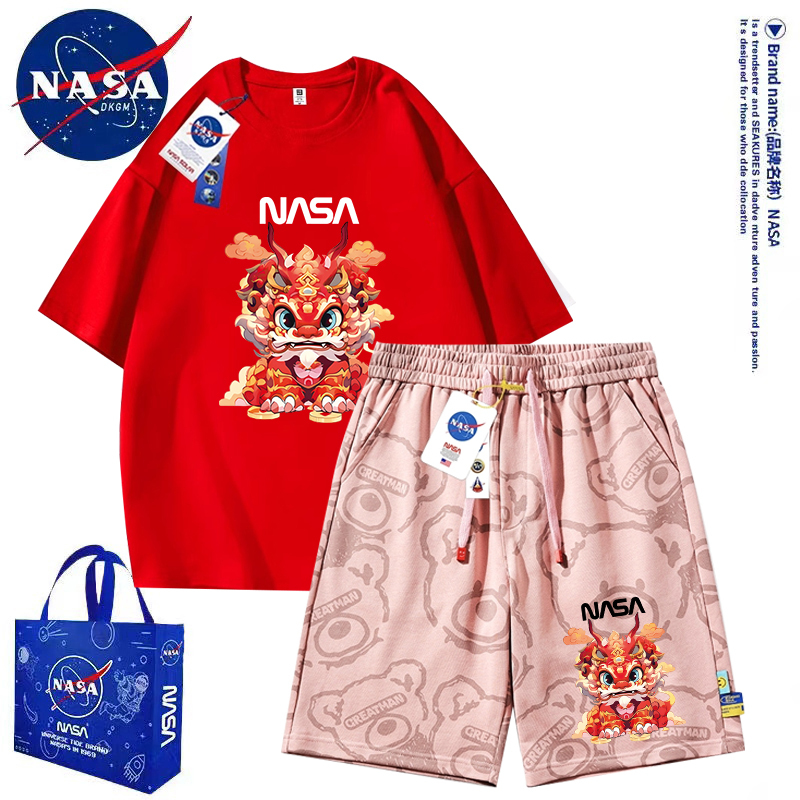 Nasa Co-Branded Sports Suit for Men and Women, Summer 2026 New Short-Sleeved T-Shirt, Loose Shorts, Dopamine Two-Piece Set