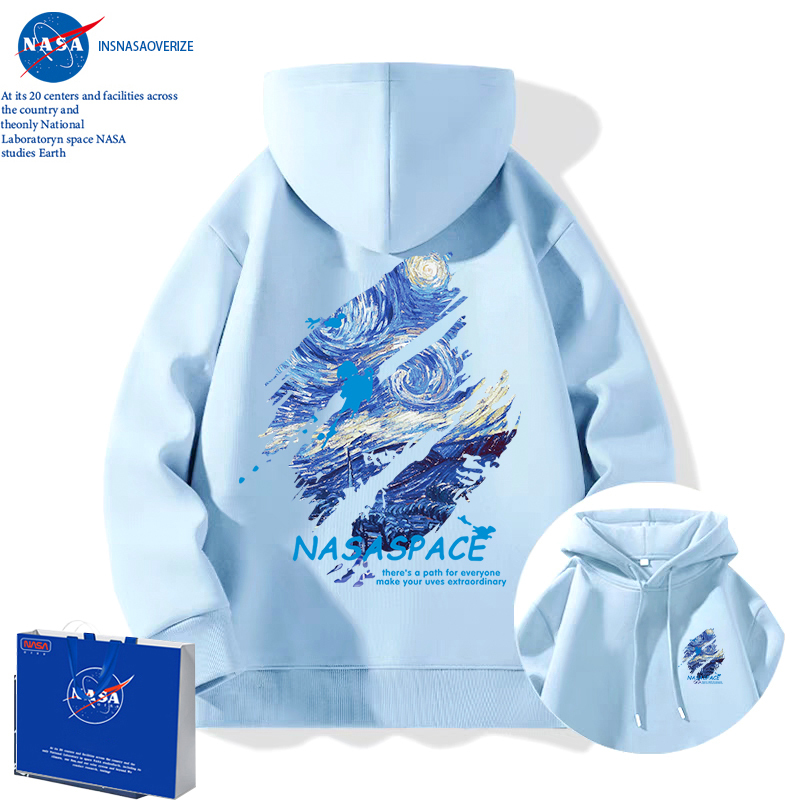 Nasa Co-Branded Van Gogh Starry Sky Light Blue Hooded Sweatshirt for Men and Women, Spring, Autumn and Winter Fleece-Lined Jacket, Youth Clothing