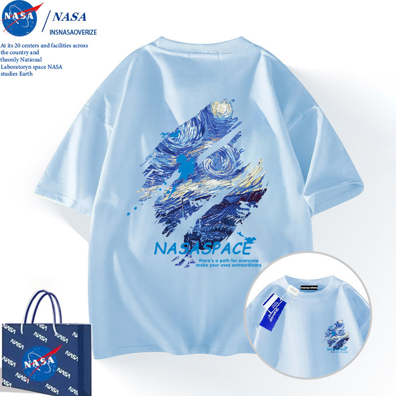NASA joint Van Gogh, звездное небо, светло-голубая мужская футболка с короткими рукавами, новинка 2026 года, летний молодежный повседневный хлопковый топ