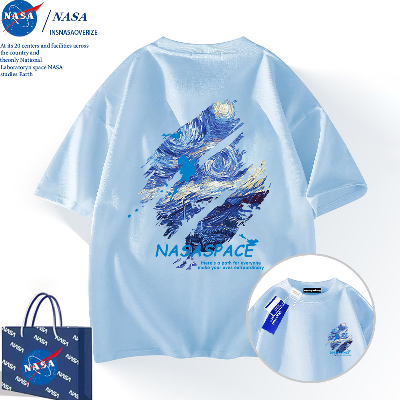 Nasa Co-Branded Van Gogh Starry Sky Light Blue Short-Sleeved Men's T-Shirt 2026 New Summer Youth Casual Cotton Top