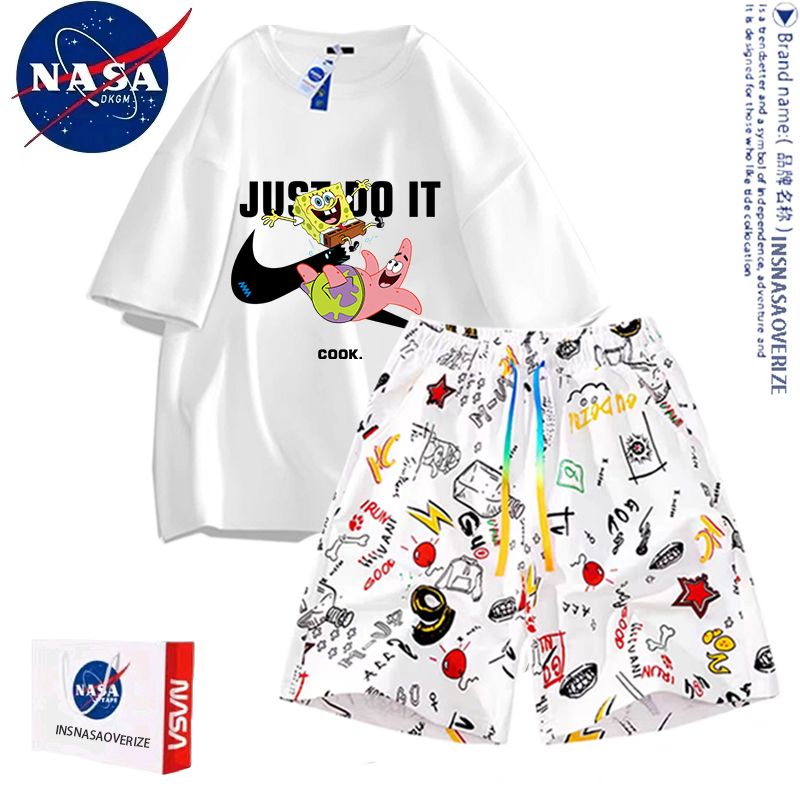 Nasa Collaboration Spongebob Graffiti Shorts Set Men's Summer Letter Print Five-Point Shorts Casual Short-Sleeve Trendy