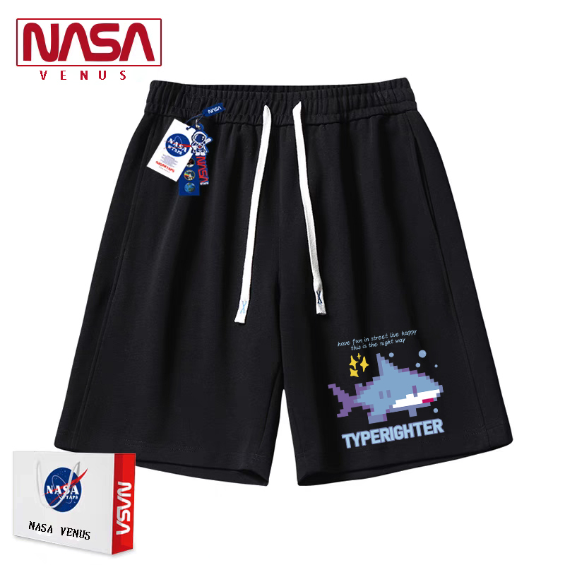 Nasa Co-Branded Pixel Shark Shorts Men's Summer Loose Casual Pants Youth Pure Cotton Sports Couple Shorts