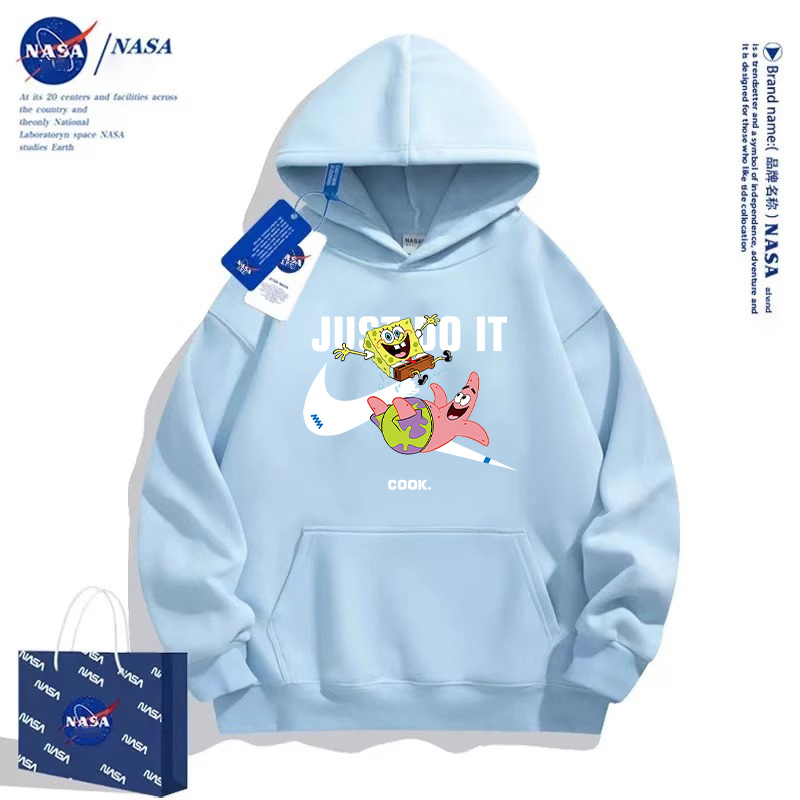 Nasa Co-Branded Haze Blue Spongebob Sweatshirt for Men and Women, Autumn and Winter Fleece-Lined Hooded Trendy Niche Couple Jacket Nasa Co-Branded Haze Blue Spongebob Sweatshirt for Men and Women, Autumn and Winter Fleece-Lined Hooded Trendy Niche Couple Jacket