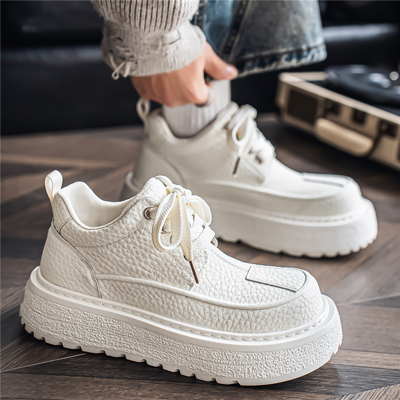 European Men's Thick-Soled White Sneakers, Casual Wide-Toe Derby Shoes, Hidden Height-Increasing Leather Shoes, Work-Style White Shoes