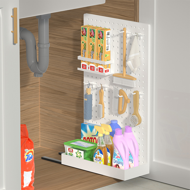 Pull-Out Perforated Board Under-Sink Storage Rack, No-Nail Installation, Under-Sink Detergent Storage Basket, Kitchen Cabinet
