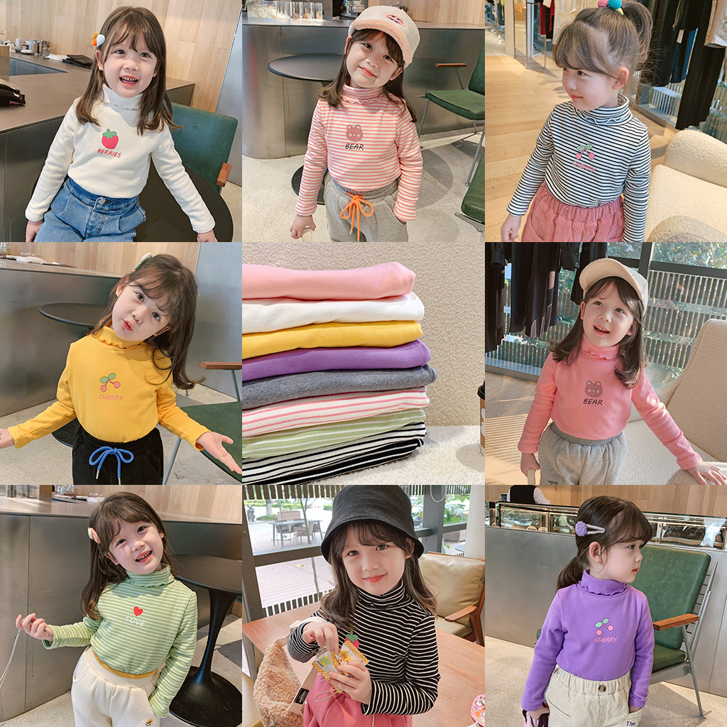 Foam home Custom children's clothing 2021 new girl's agaric side High collar T-shirt Children's Ocean Sends Thickened Undershirt Tide