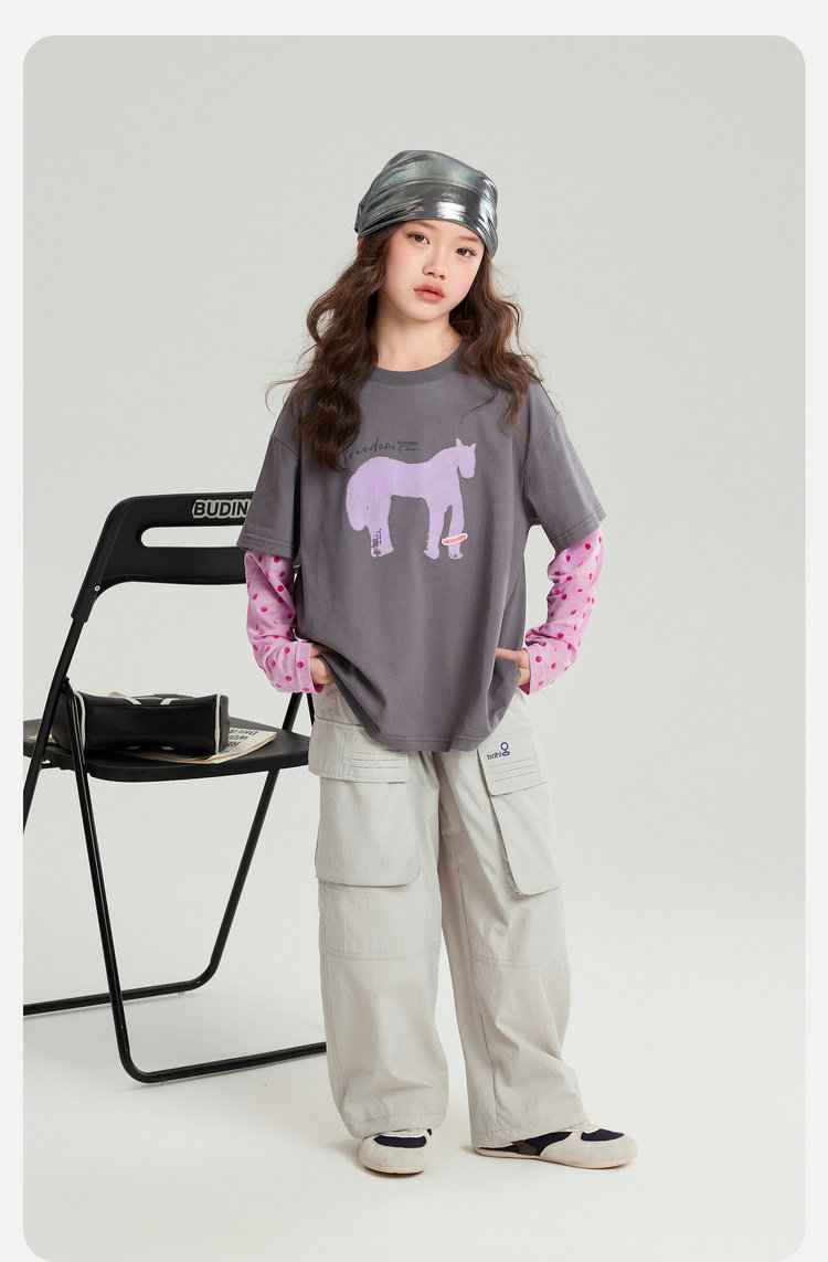 Pudding Haru 2026 Summer Collection Girls' Cool-Touch Breathable Faux Two-Piece Sun Protection Long Sleeve T-Shirt — 19