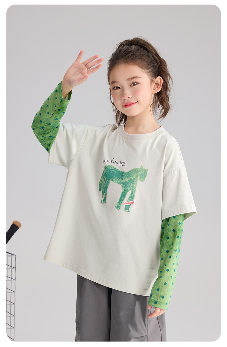 Pudding Haru 2026 Summer Collection Girls' Cool-Touch Breathable Faux Two-Piece Sun Protection Long Sleeve T-Shirt — 27