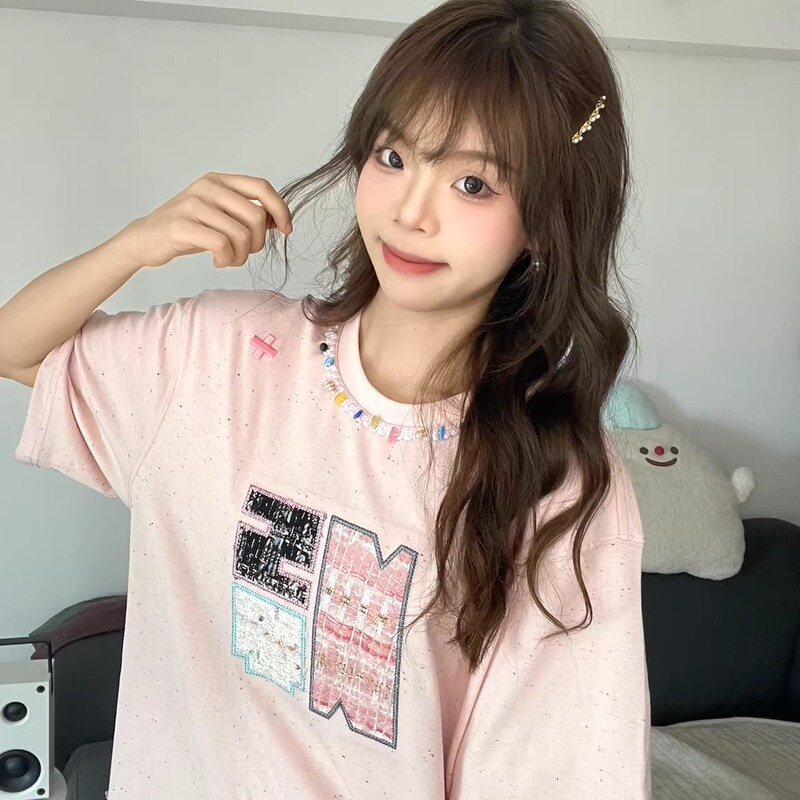 American Retro Style Patchwork Embroidered Short-Sleeved T-Shirt for Women, New Summer Style Loose Oversize Half-Sleeved Top