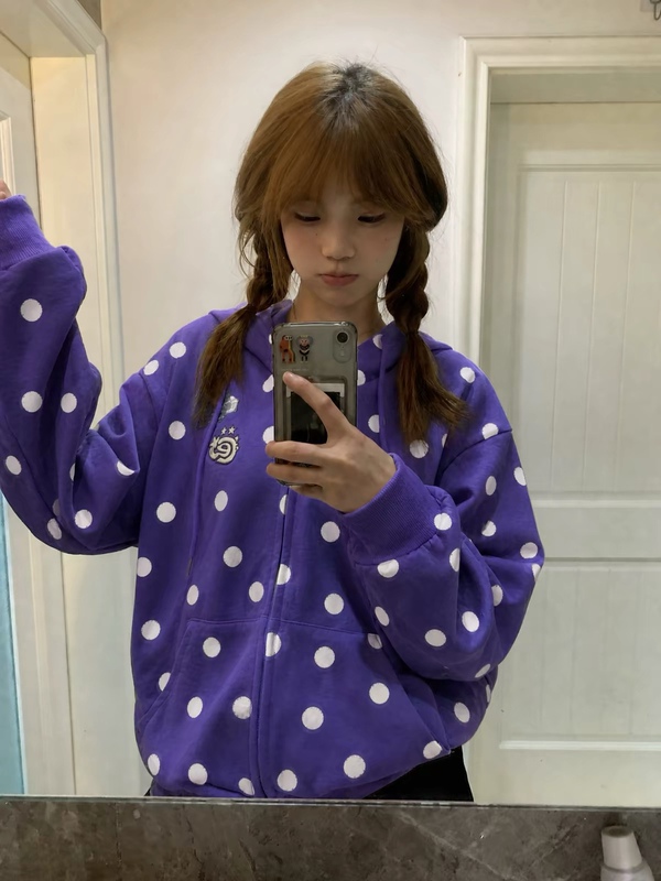 American-Style Full-Print Polka Dot Embroidered Hooded Sweatshirt for Women, Autumn and Winter 2026 New Style, Loose Casual Versatile Zip-Up Jacket, Trendy