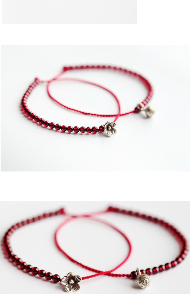 [Trái tim tình yêu] Thái làm bằng tay chuông bạc rượu vang đỏ garnet dây đỏ vòng chân vòng đeo chân nữ bằng vàng
