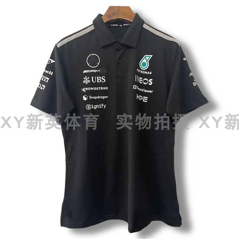 Mercedes-Benz 2026 Short-Sleeved Racing Suit F1 Casual Shirt Black Lapel Polo Top with Rubber-Printed Advertising Texture Pattern