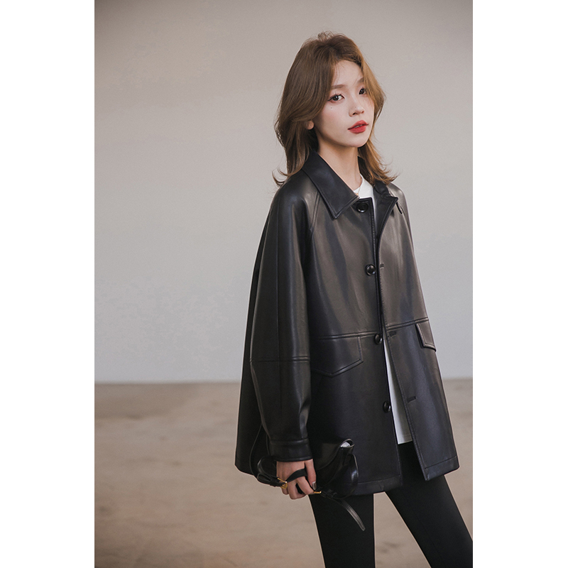 Small Grain Leather Jacket, Turn-Down Collar Pu Leather Jacket for Women, Autumn Style, Black American Retro Biker Jacket