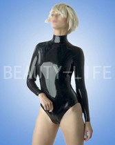 Latex Tight Clothing One-piece Suit Sexy Cosplay Classic Gymnastics Suit Changing Dress Long Sleeve High Fork Swimsuit Spot L
