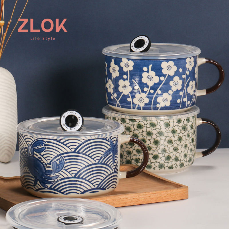Ceramic Bubble Noodles Bowl With Lid Retro Day Style Single Bowl Student Dormitory Soup Noodle Bowl Microwave available 800ML