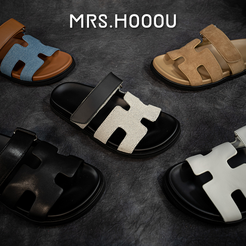Monkey Lady 2025 Summer Uncle Er Slippers Genuine Leather Velcro Outdoor Sandals Casual Thick-Soled Velcro H Slippers for Women