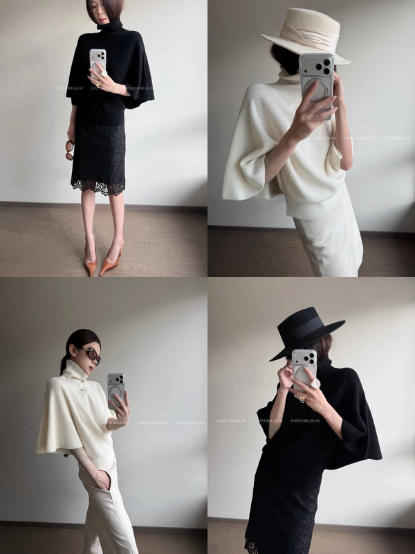 Jyk Shop Old Money Style Cape-Like Turtleneck Warm Sweater with Drop Shoulder Sleeves Solid Color Knitwear 13129 # Jyk Shop Old Money Style Cape-Like Turtleneck Warm Sweater with Drop Shoulder Sleeves Solid Color Knitwear 13129 #