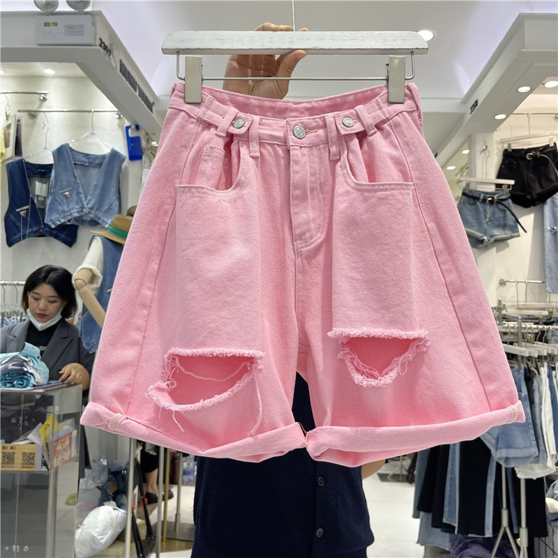 ins Fresh and Youthful Pink Ripped Denim Shorts, New Summer Style, Fashionable and Trendy Wide-Leg Straight Mid-Length Pants