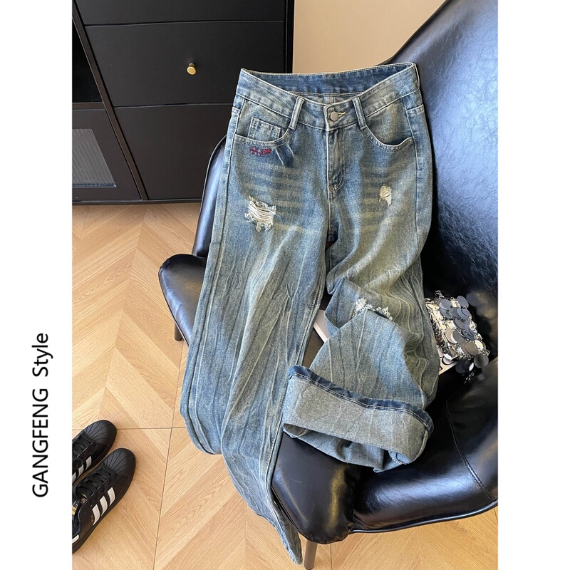Trendy High Street Retro Low-Waist Ripped Jeans for Women, Autumn Lazy Style Loose Fit Slimming Wide-Leg Floor-Length Pants