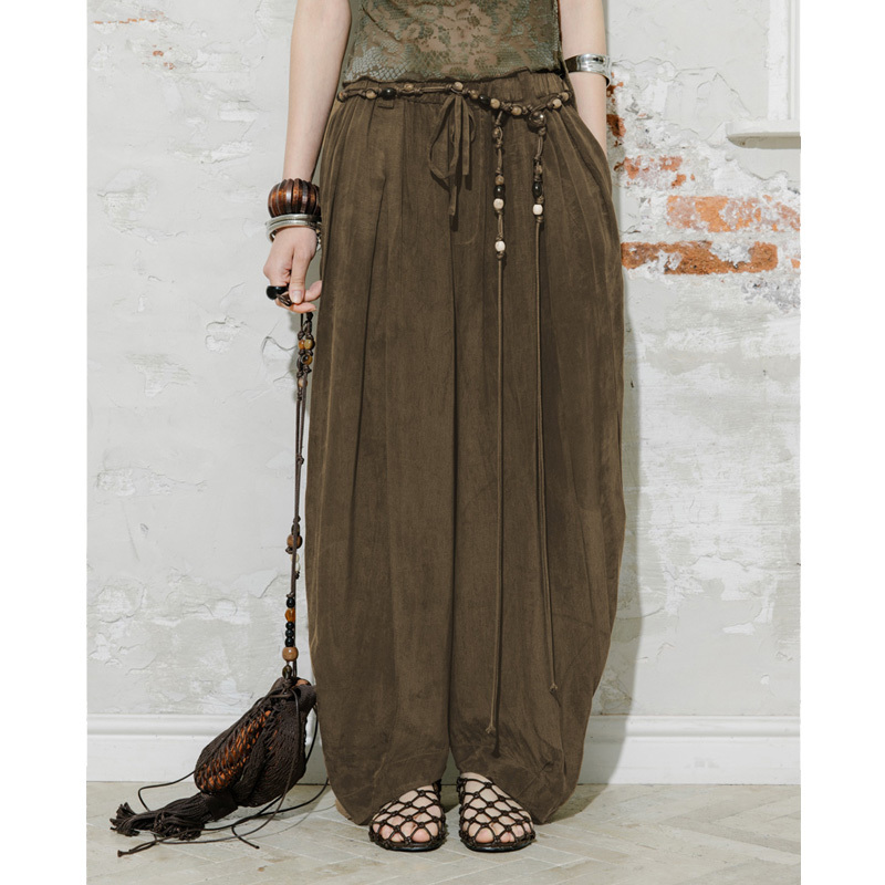 Wide-Leg Copper Ammonia Silk Cocoon-Shaped Drawstring Casual Pants with Elastic Waist and Pleated Curved Long Pants