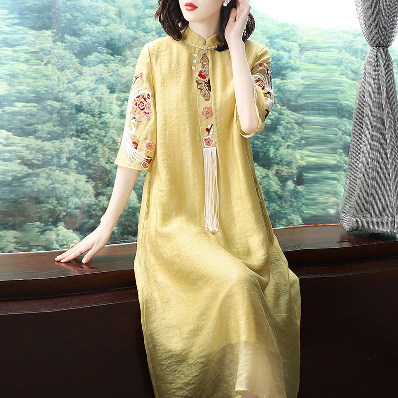 Ethnic Style Middle-Aged Mother's Fashionable Dress, Women's Summer Clothing, Stylish Plus-Size High-End Elegant Improved Hanfu Cheongsam Dress