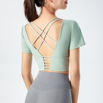 European and American spring and summer new yoga clothes for women with naked back and cross-navel short-sleeved T-shirts with chest pads fitness clothes tops