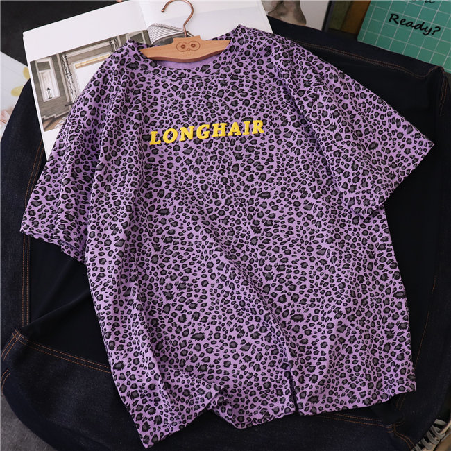 Ej Korean Stereo Rubber Alphabet Fine Leopard Short Sleeve T Shirt Round Neck Pullover Half Sleeve Bottoming Shirt Female Spring And Summer