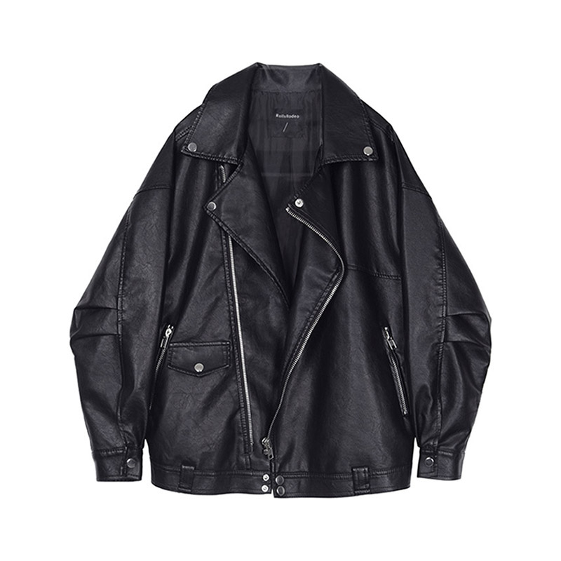 VEGA CHANG motorcycle leather women's spring and autumn 2021 new casual pu leather jacket bf wind loose black jacket
