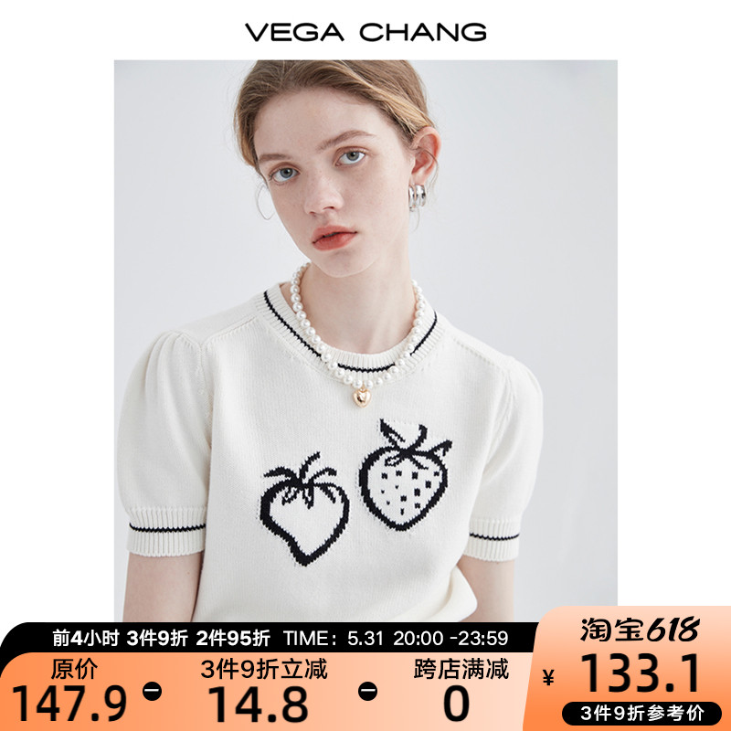 VEGA CHANG KNITTING SHIRT WOMAN SHORT SLEEVE FASCIA Small Crowd Bubble Cuff Strawberry Jacquard Knit Blouse Summer Dress Fashion