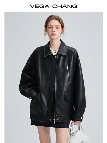 Черная полиуретановая куртка, осенняя, свободный крой