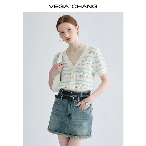 VEGA CHANG Трикотажный летний небольшой дизайнерский свитер, тренд сезона