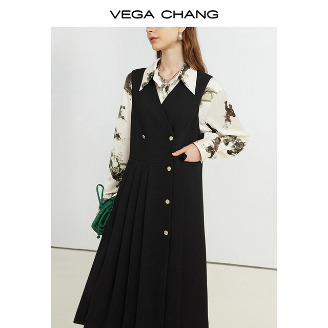 VEGACHANG college style vest dress women's design black slimming long skirt 2024 summer style