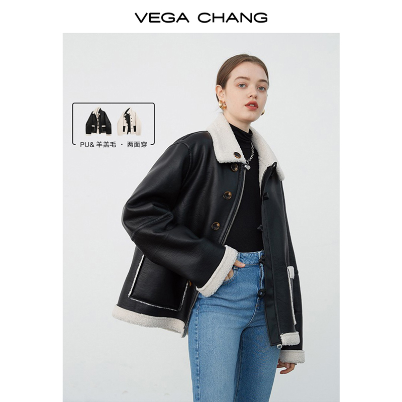 VEGA CHANG glint fur coat jacket female Korean version loose autumn and winter flip-flopted two wearing imitation lamb fur jacket
