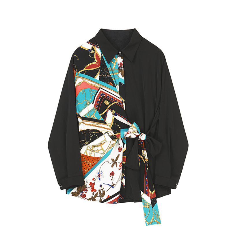 VEGA CHANG shirt female design sense niche 2021 new spring geometric print strap long-sleeved stitching shirt